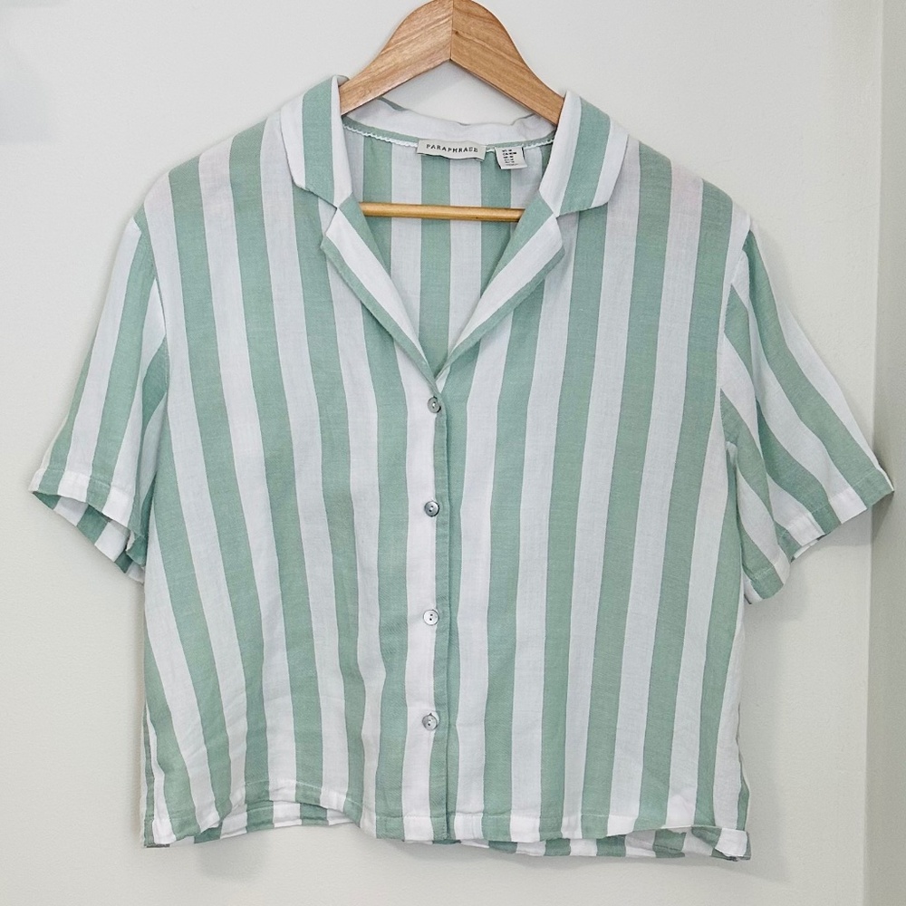 Paraphrase Women’s Short Sleeve Button Up Cotton White and Mint Green